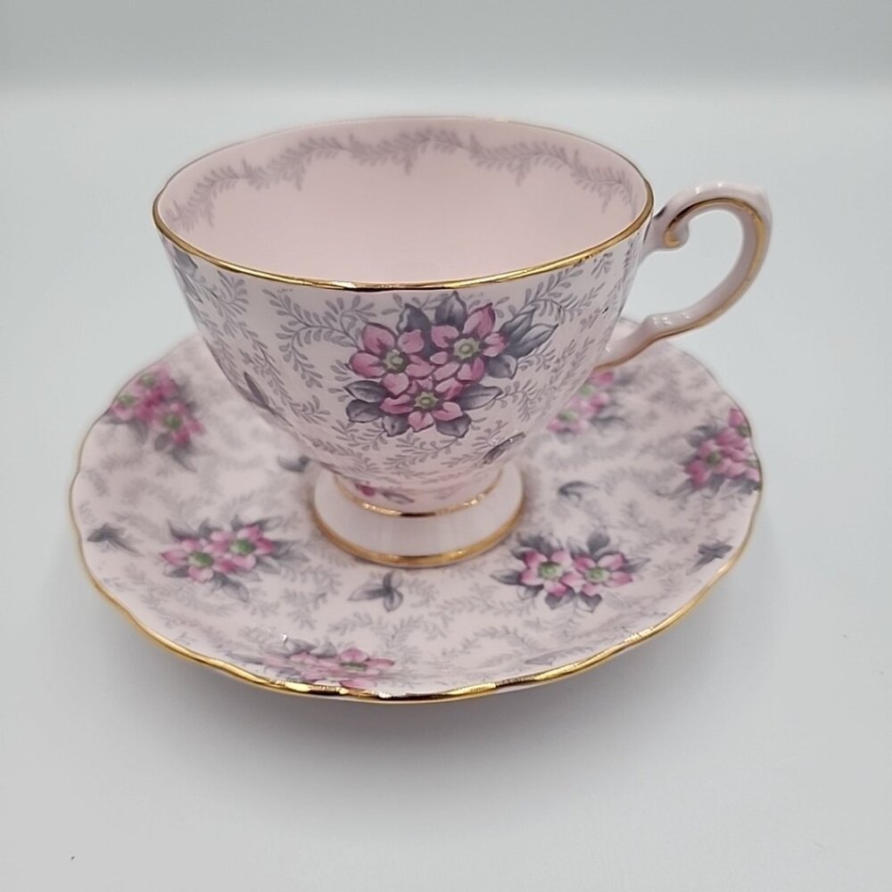 Tuscan Pink And Gray Chintz Floral Footed Tea Cup And Saucer English Bone China